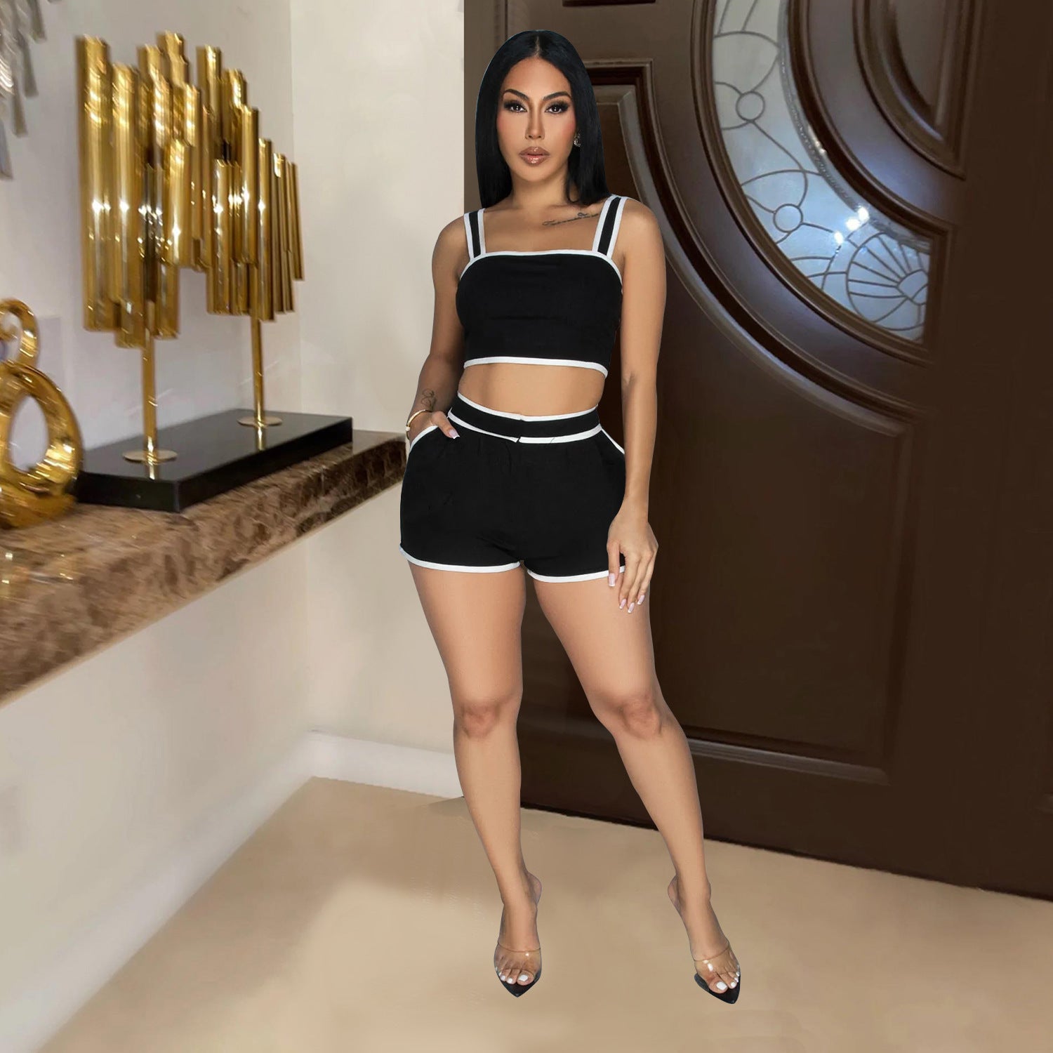 Women Solid Strapless Top Shorts Two-Piece Set 5