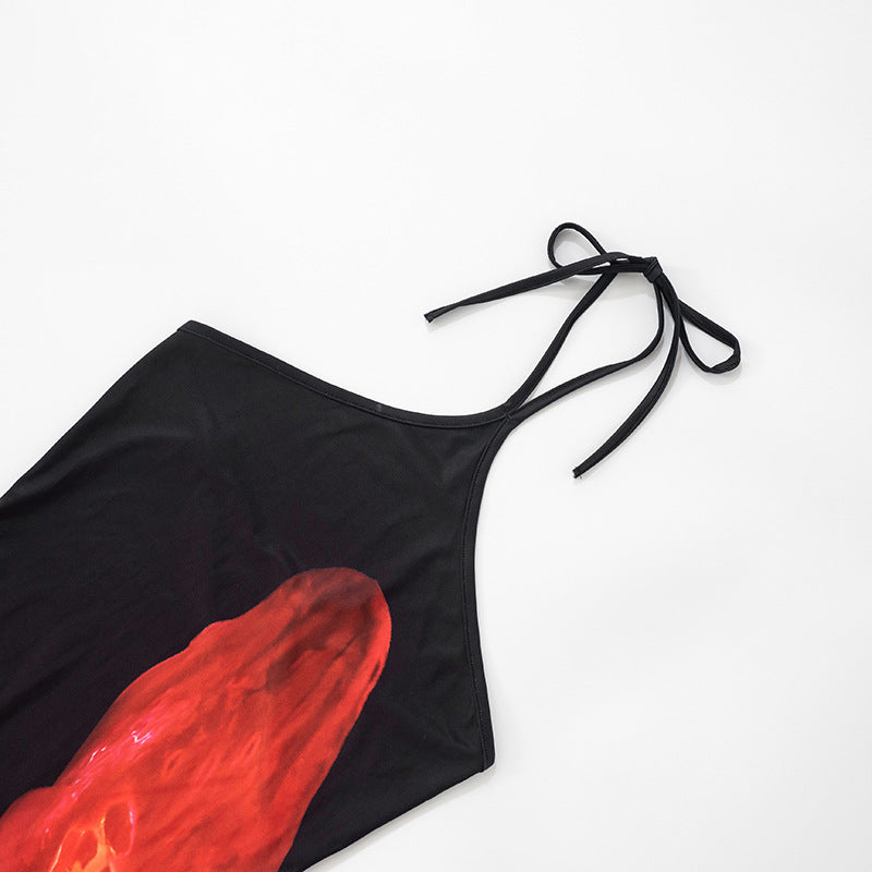 Women Floral Print Halter Neck Lace Sleeveless Bcakless Maxi Dress 27