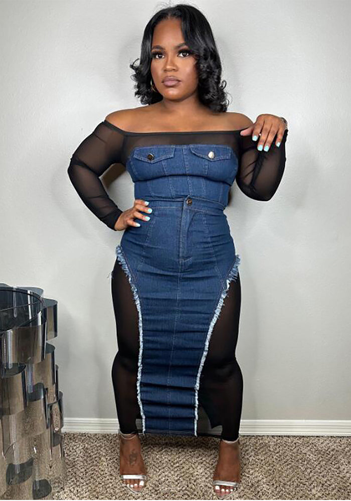 Women's Autumn Sexy Mesh See-Through Top Denim Bodycon Skirt Suit