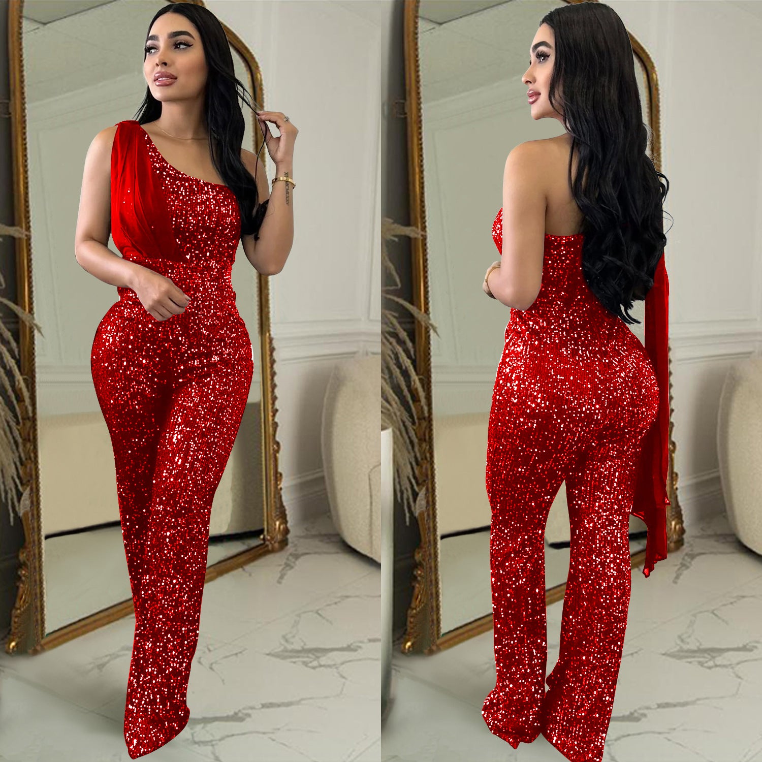 Women Solid Sleeveless One Shoulder Sequin Jumpsuit 6