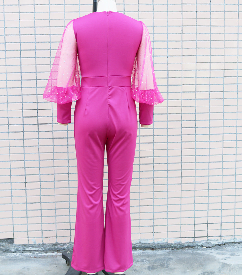 Women'S Autumn Fashion Chic Elegant V-Neck Mesh Patchwork Wide Leg Jumpsuit 10