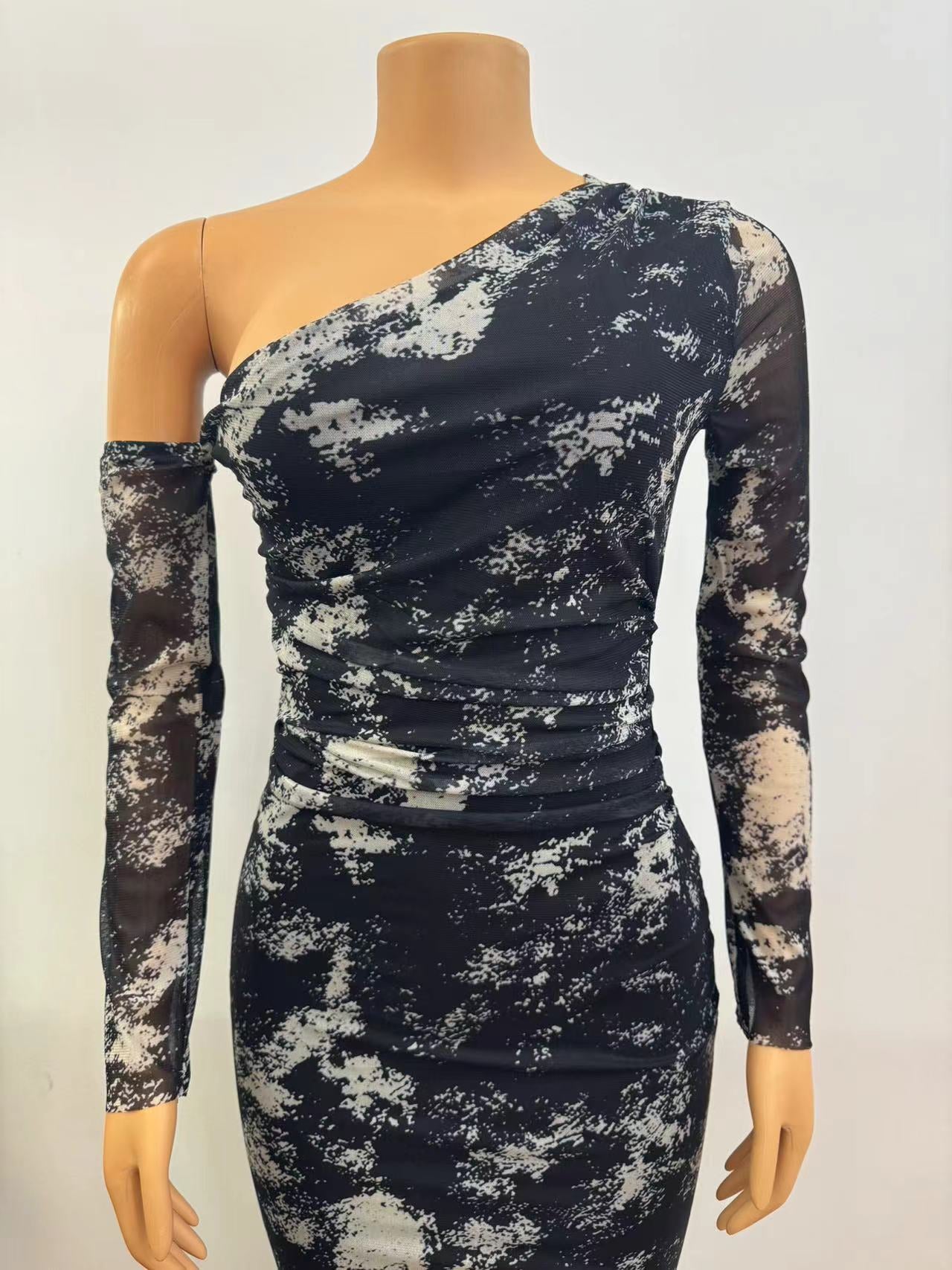 Fall Women Printed Slash Shoulder Bodycon Long Sleeve Dress 9