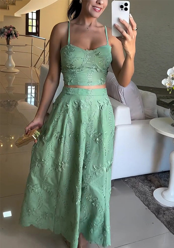 Women Spring Summer Strap Top Lace Casual Holidays Skirt Two-piece Set