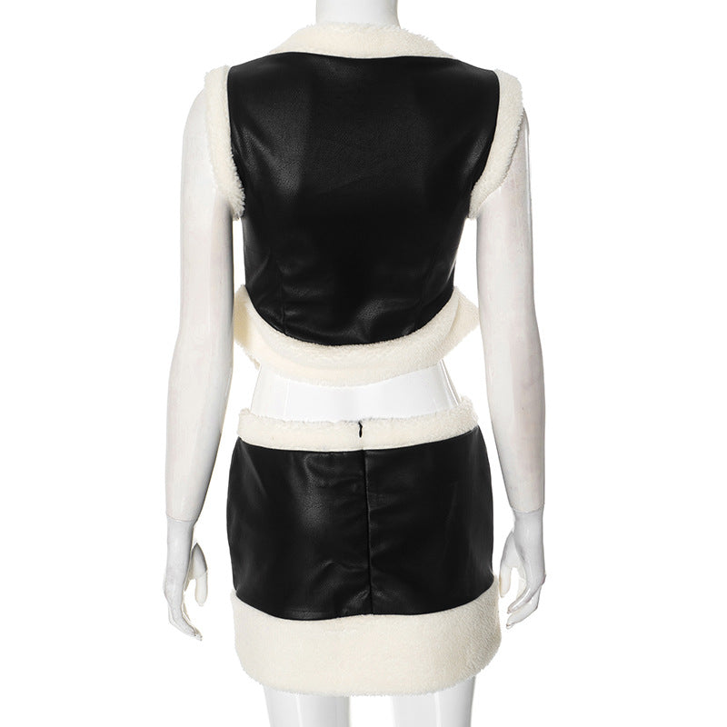 Women zipper fur edge patchwork pu-leather top and skirt two-piece set 8