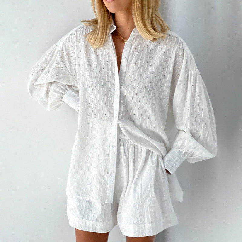 Summer Women Shirt Jacquard Puff Sleeve Top And Shorts Two-piece Set 15