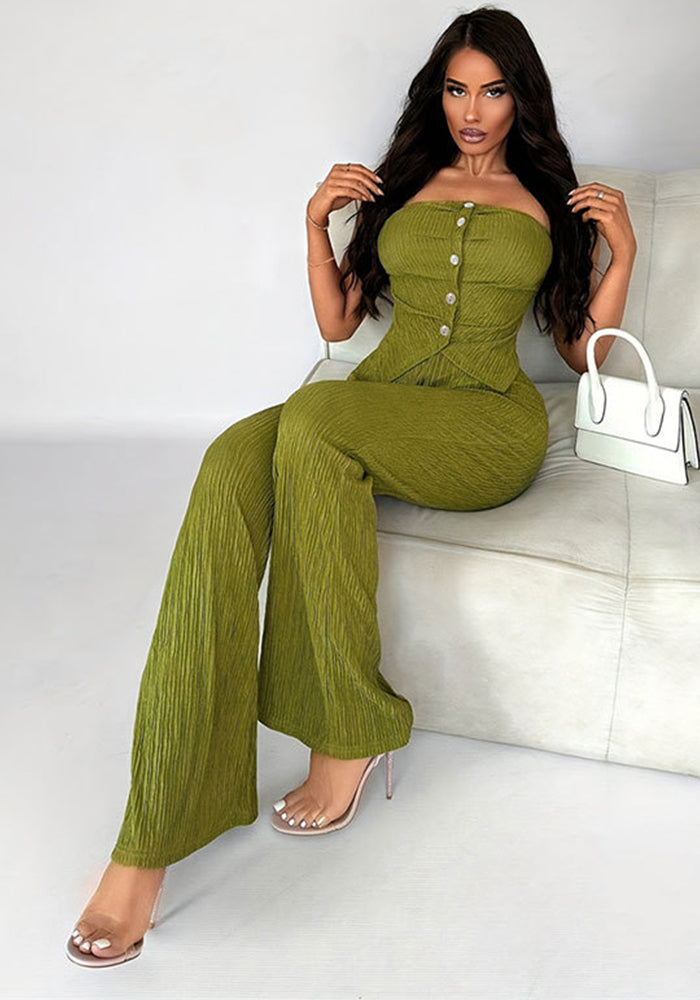 Elastic Button Strapless Top Bell Bottom Casual Pants Summer Two-Piece Set Women's Clothing