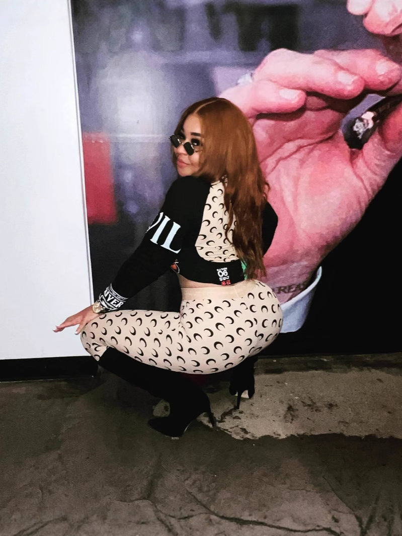 Women trendy moon print stretchy sexy long-sleeved top trousers two-piece set 5