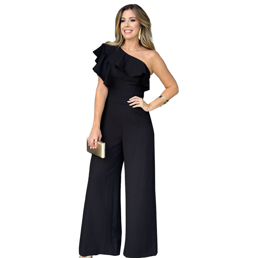 Ruffle One Shoulder High Waist Loose Straight Chic Women's Jumpsuit 9