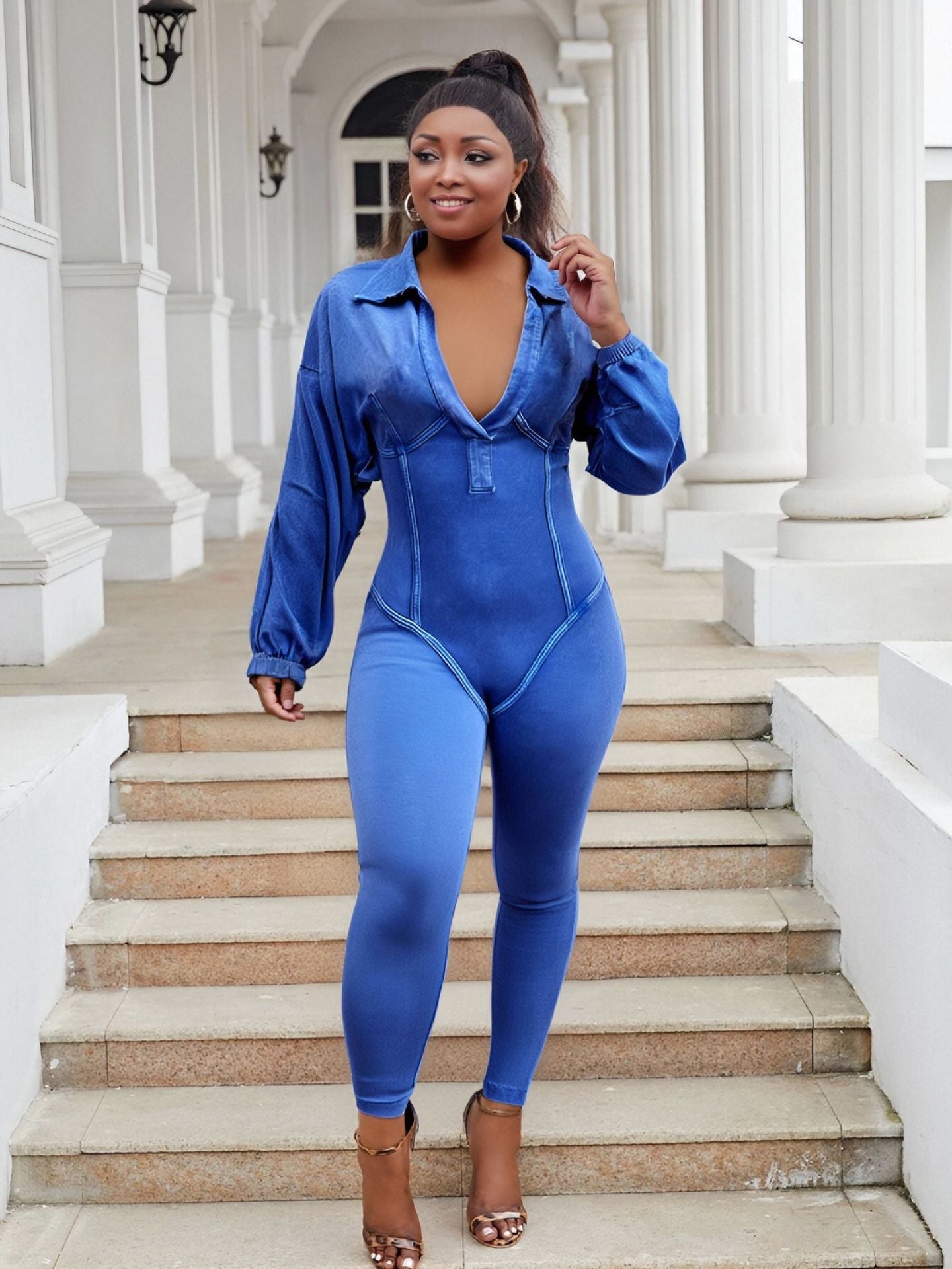 Plus Size Fashion Women Denim Washed Sexy Deep V Tight Fitting Long Sleeve Jumpsuit 6