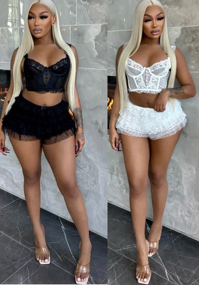 Plus Size Women Summer Sexy Lace Hollow Top and Skir Two-Piece Set