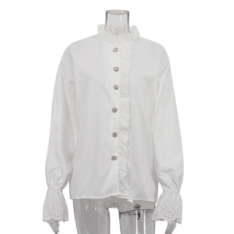 Stand Collar Diamond Button Ruffle Shirt Women Trendy White Shirt Top 5