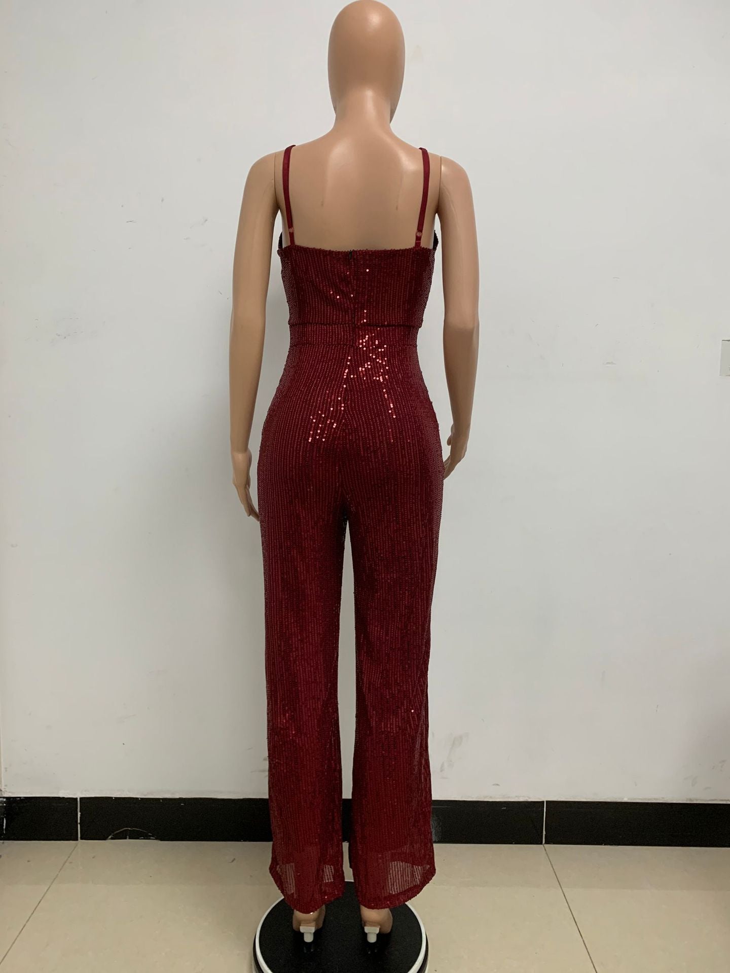Deep V Neck Low Back Sleeveless Chic Sequined Straps Elegant Women's Party Jumpsuit 40