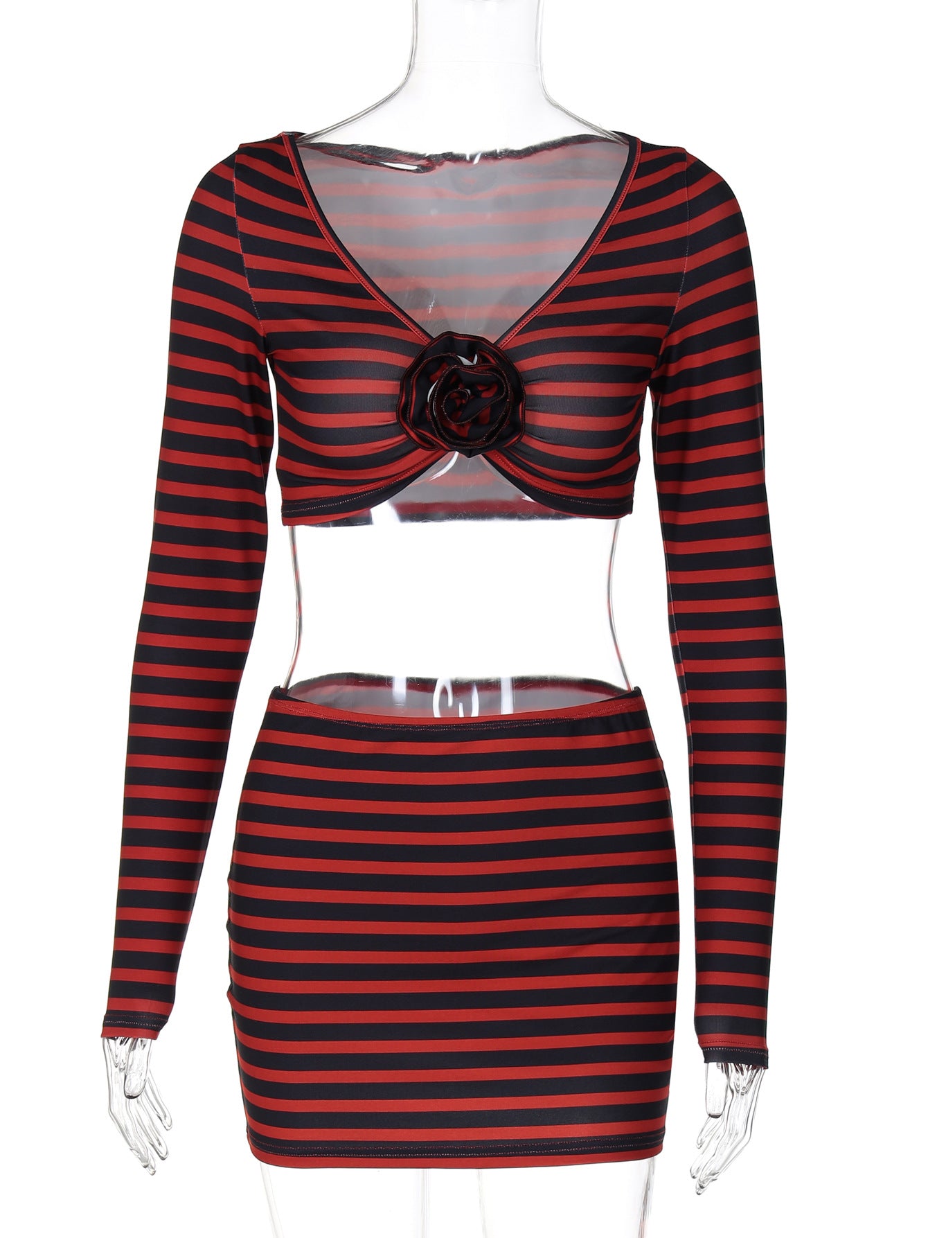 Women's Autumn Fashion Sexy Cropped Flower Long Sleeve Top Slim Skirt Two Piece Set 7