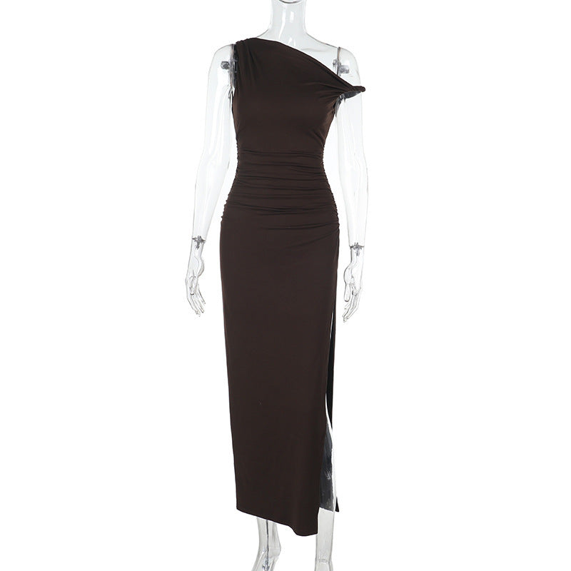 Women Sexy Slash Shoulder Slit Sleeve Solid Dress 6