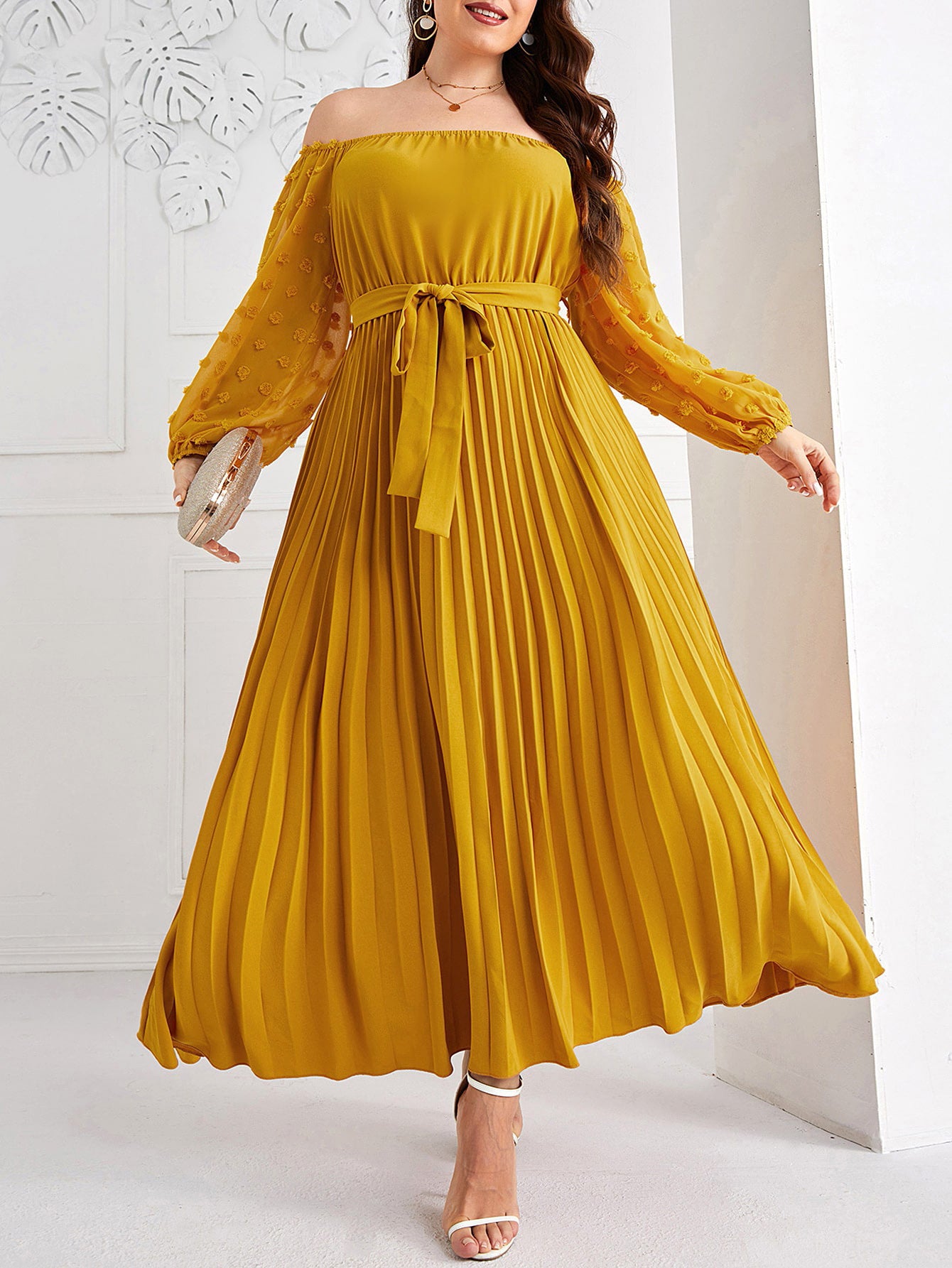 Plus Size Autumn And Winter Off Shoulder Pleated Fashion Elegant Long Dress
