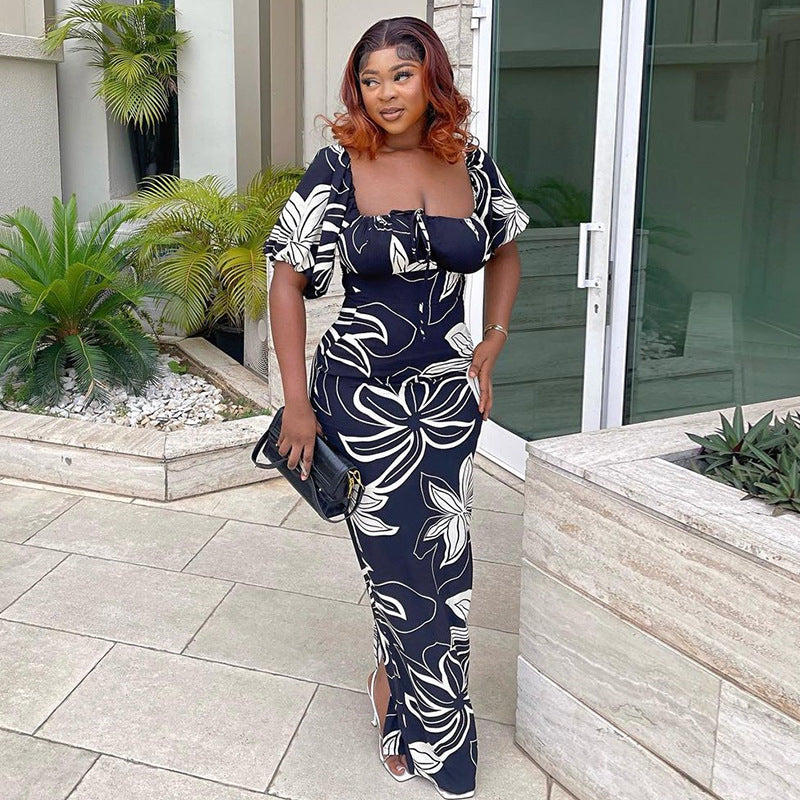 Women Summer Printed Puff Sleeve Square Neck Maxi Slit Dress 7
