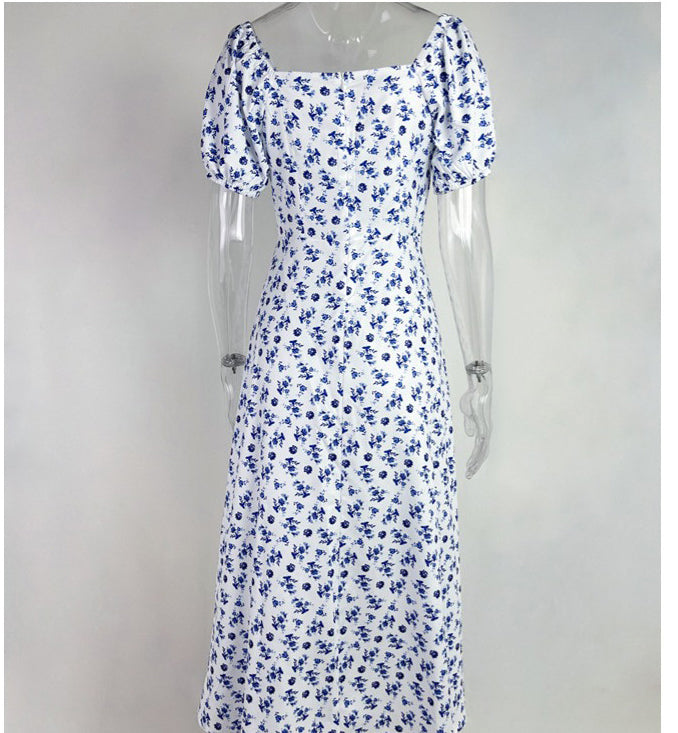 Women Spring Printed French Floral Backless Suspender Slit Dress 33