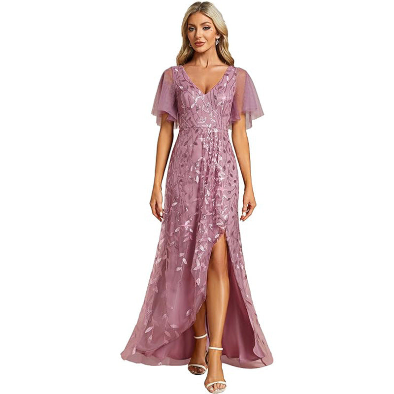 Elegant Embroidered Sequined Prom Dress Ruffle Sleeve Fishtail Long Evening Dress 7