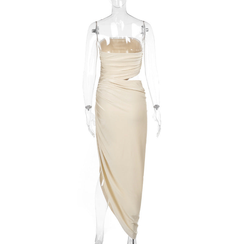 Spring Maxi Dress Chic Elegant Slim Strapless Hollow Out Ruched Dress 10