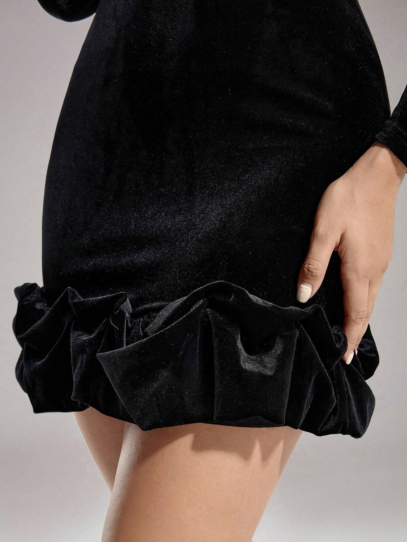 Women Season Sexy Long Sleeve Black Round Neck Dress 7