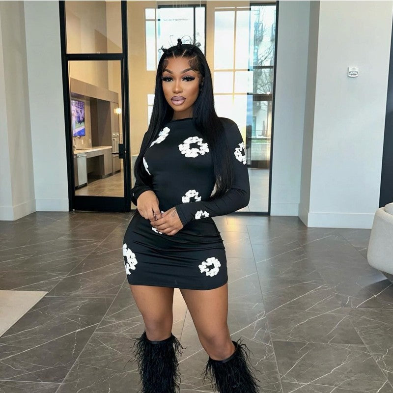 Women Round Neck Long Sleeve Flower Print Dress