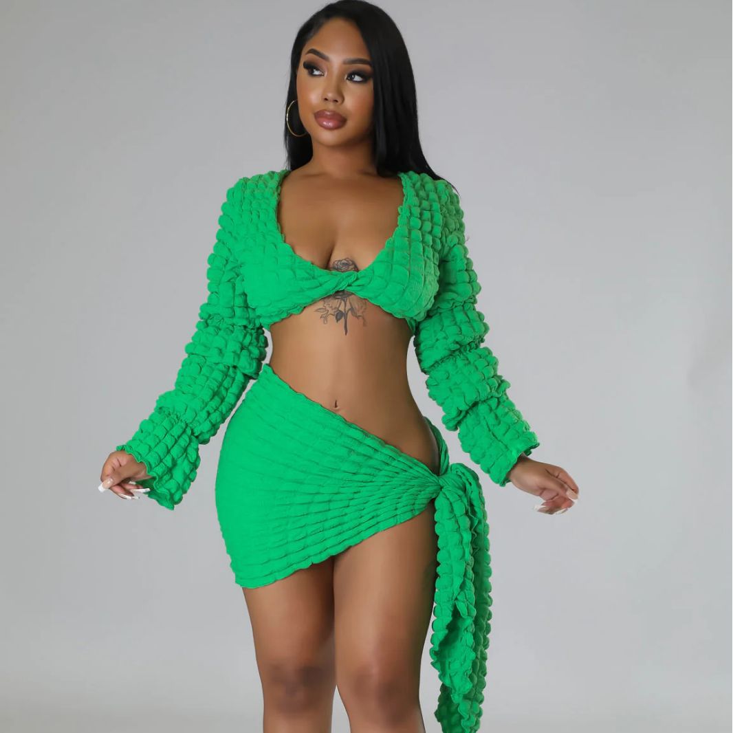 Women's Autumn Sexy V Neck Bubble Top Lace Up Open Waist Skirt Holidays two piece set 6