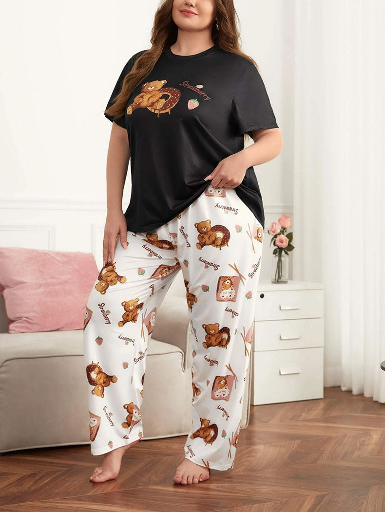 Plus Size Women Cute Bear Printed T-shirts and Pants Pajamas Two Piece 8