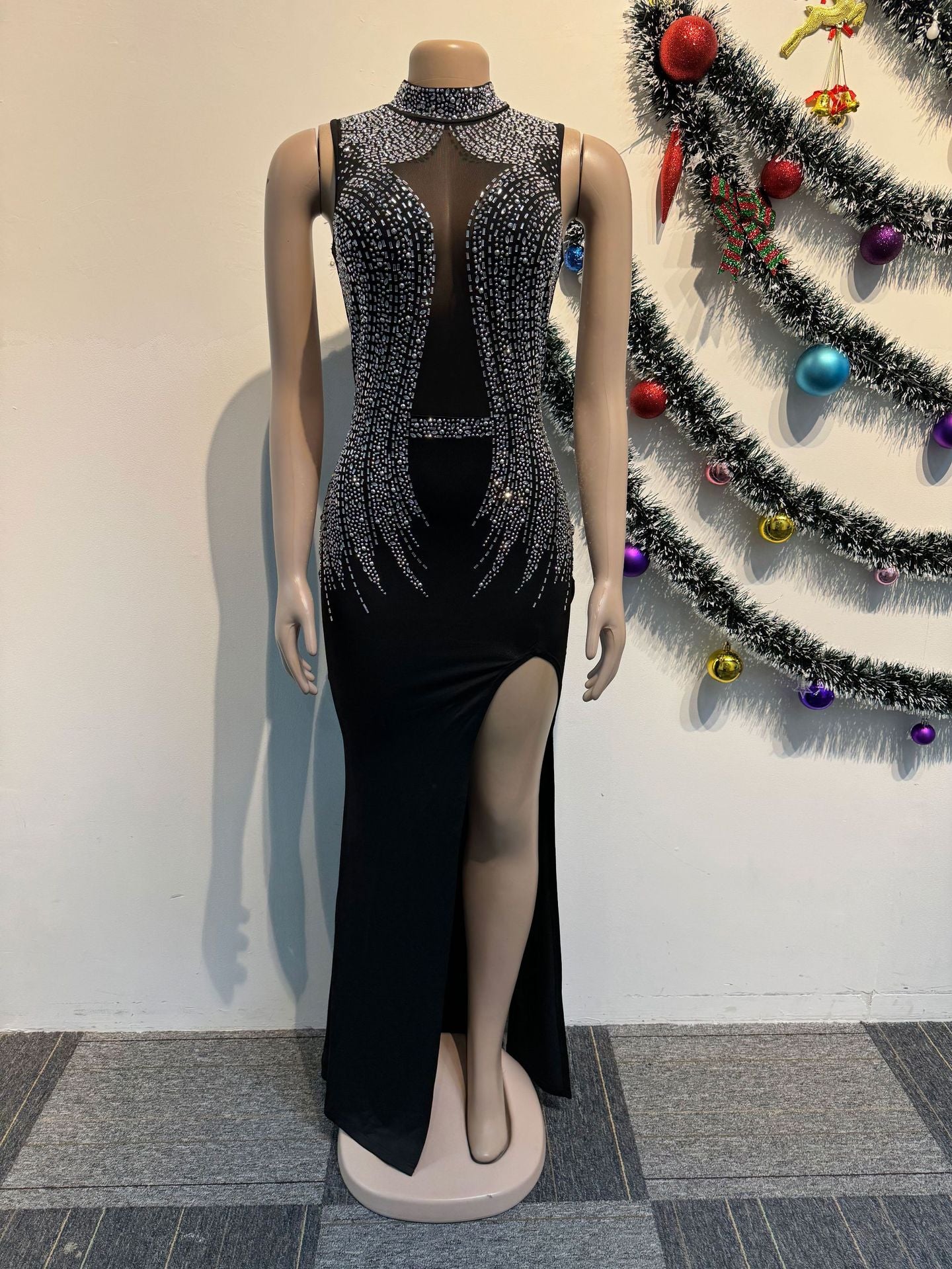 Women Beaded Mesh See-Through Patchwork Sleeveless Slit Dress 11