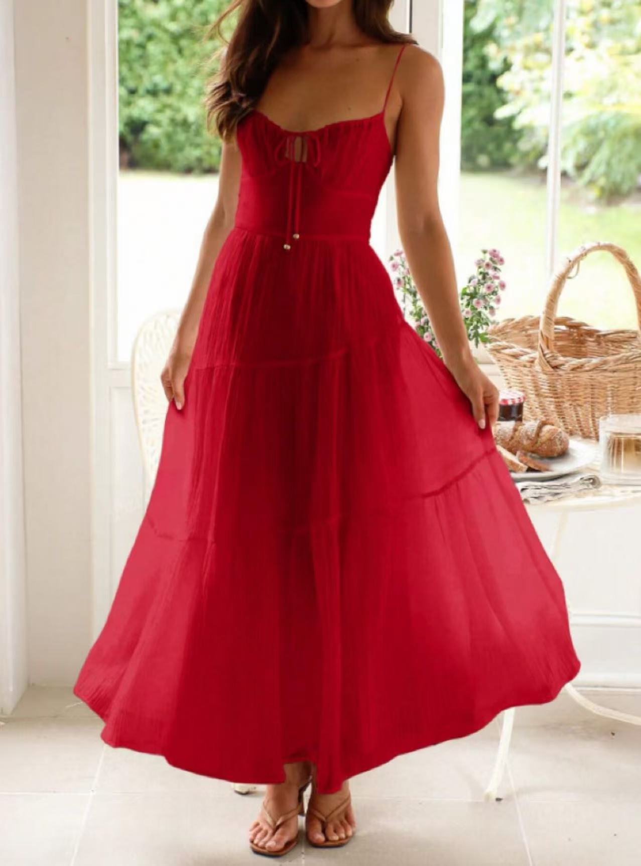 Women's Sleeveless Patchwork Strap Low Back Lace-Up Long Chiffon Dress 3