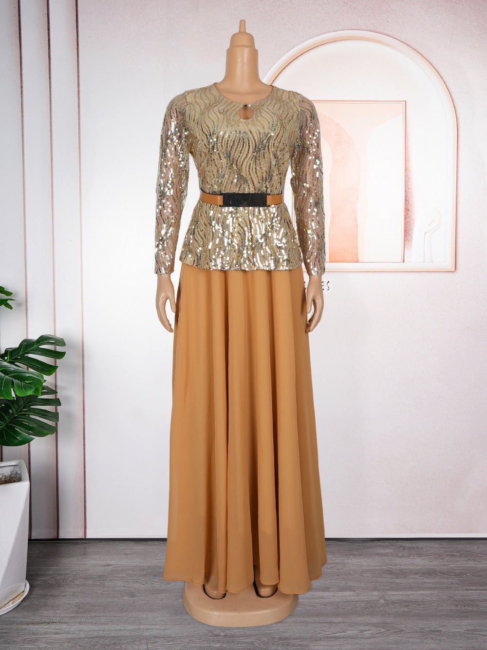 Sequin Formal Party Gown African Women's Plus Size Dress with Belt 9