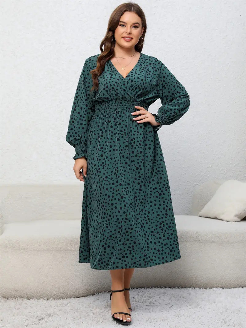 Plus Size Women Autumn V-Neck Printed Dress 5