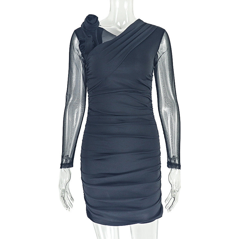 Solid Color Women's Slim Slash Shoulder Long-Sleeve Short Bodycon Dress 6