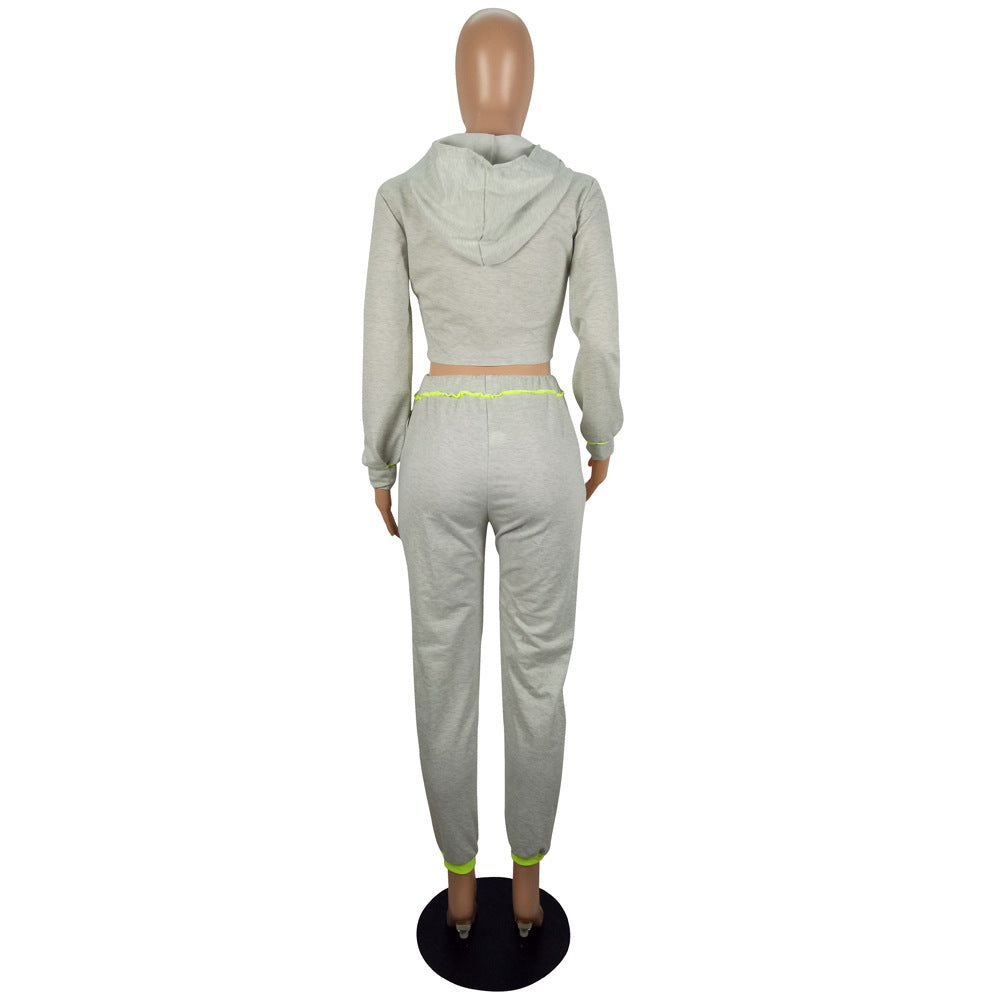 Women Casual Sports Zipper Hood Top and Pant Two-Piece Set 12