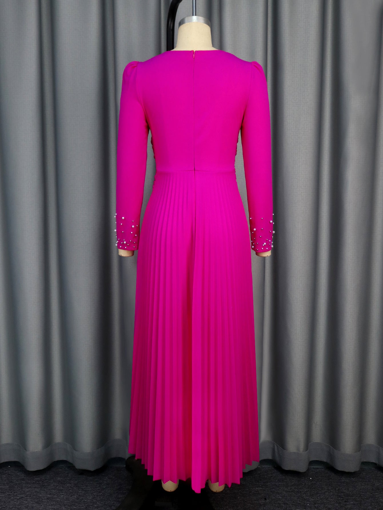 Women beaded v-neck long sleeve pleated party dress 5