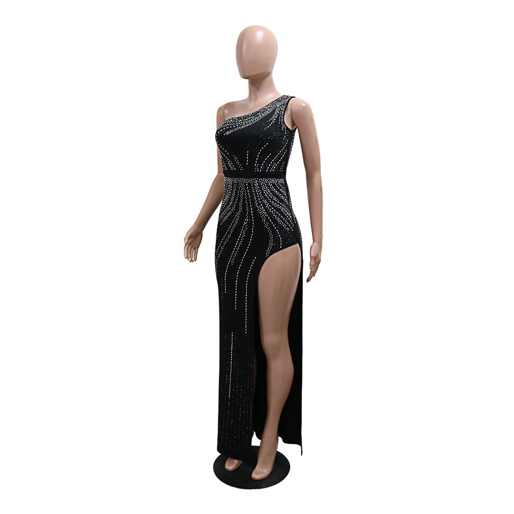 Women Sexy Slash Shoulder Beaded Slit Dress 14