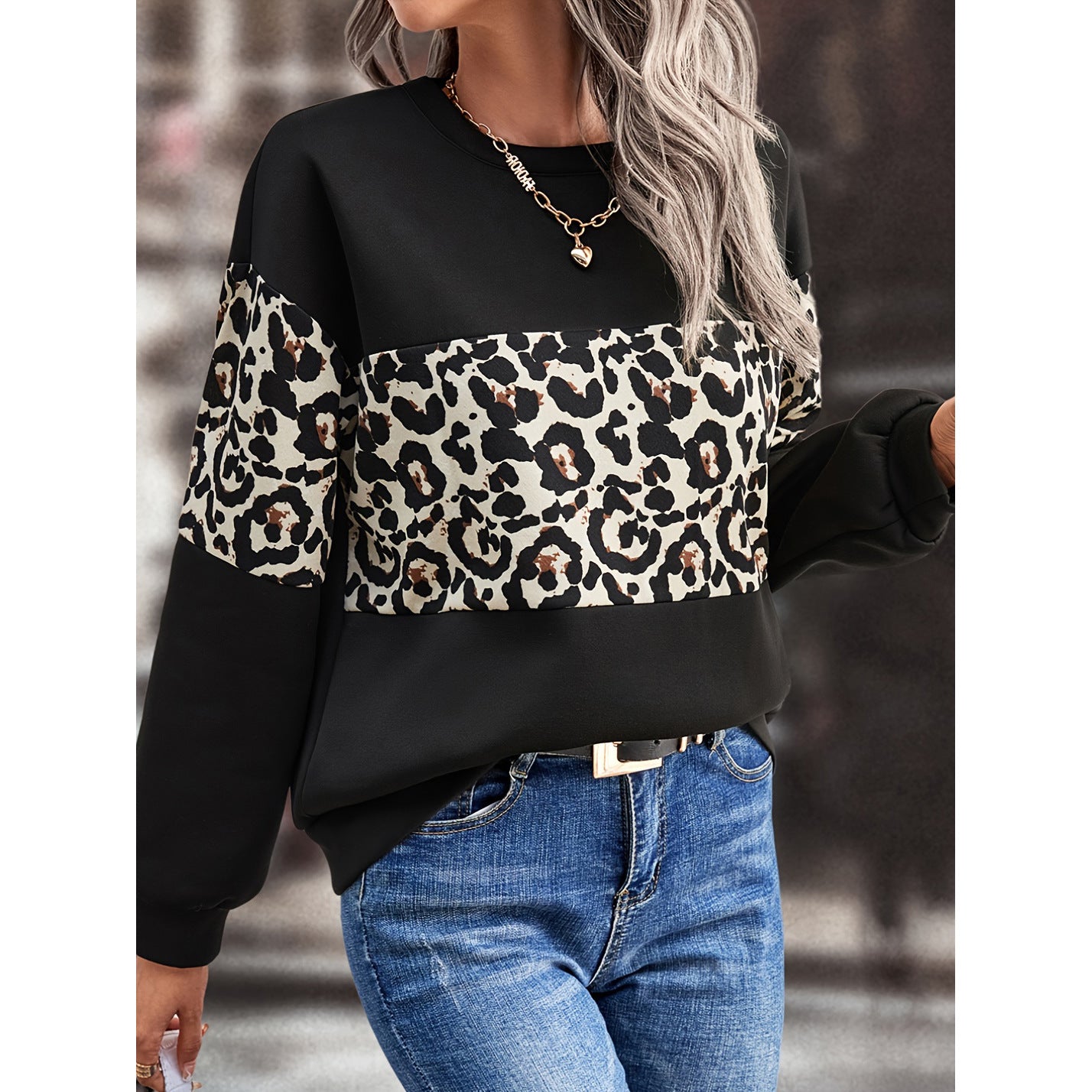 Women Autumn Loose Round Neck Long Sleeve Leopard Patchwork Top 9