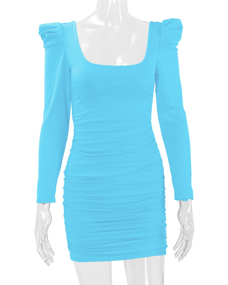 Autumn Winter Women's Sexy Low Back Stacked Shoulder Long Sleeve Slim Dress 19