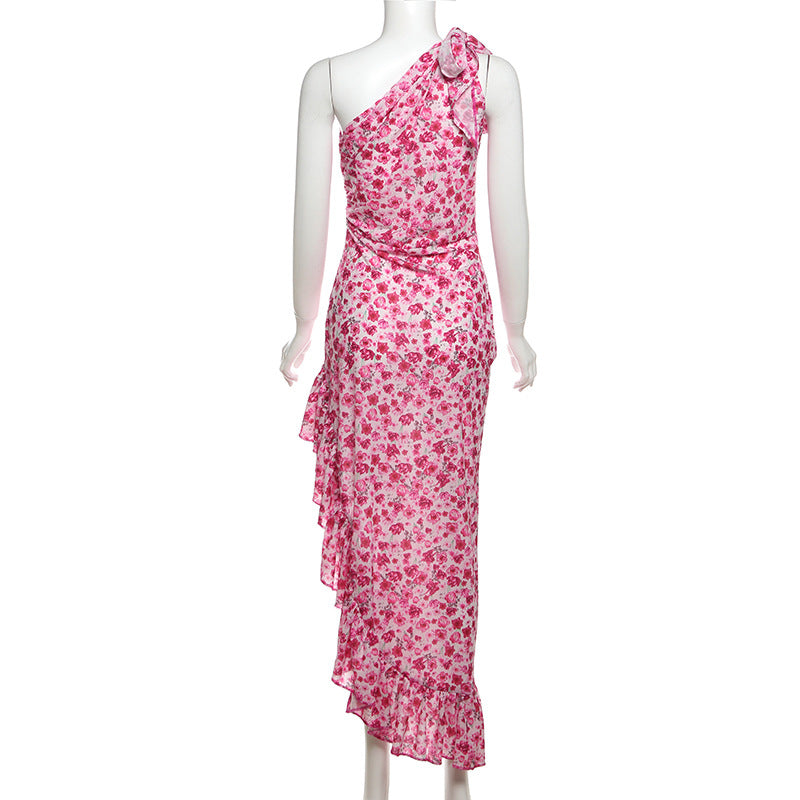 Summer women's Floral Slash Shoulder sexy side slit Lace-Up long dress 7