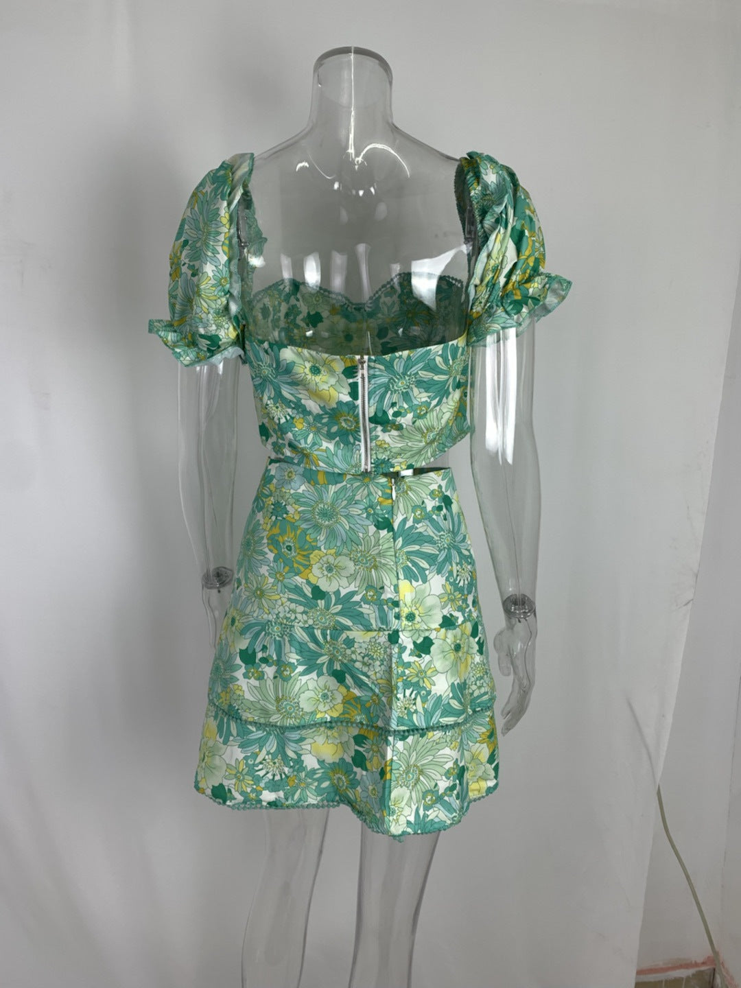 Women Sexy Printed Puff Sleeve Top and Skirt Casual Two-piece Set 9