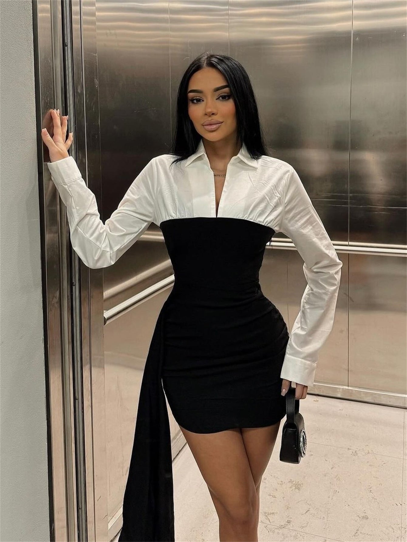 Autumn Fashion Sexy Chic Contrast Color Patchwork Turndown Collar Women Dress