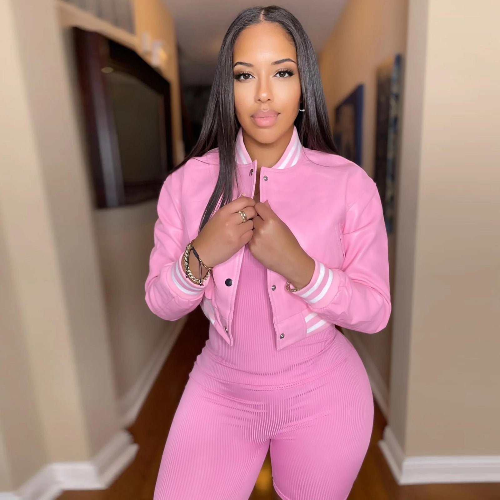 WomenCasual Ribbed Collar Pu-Leather Jacket 24