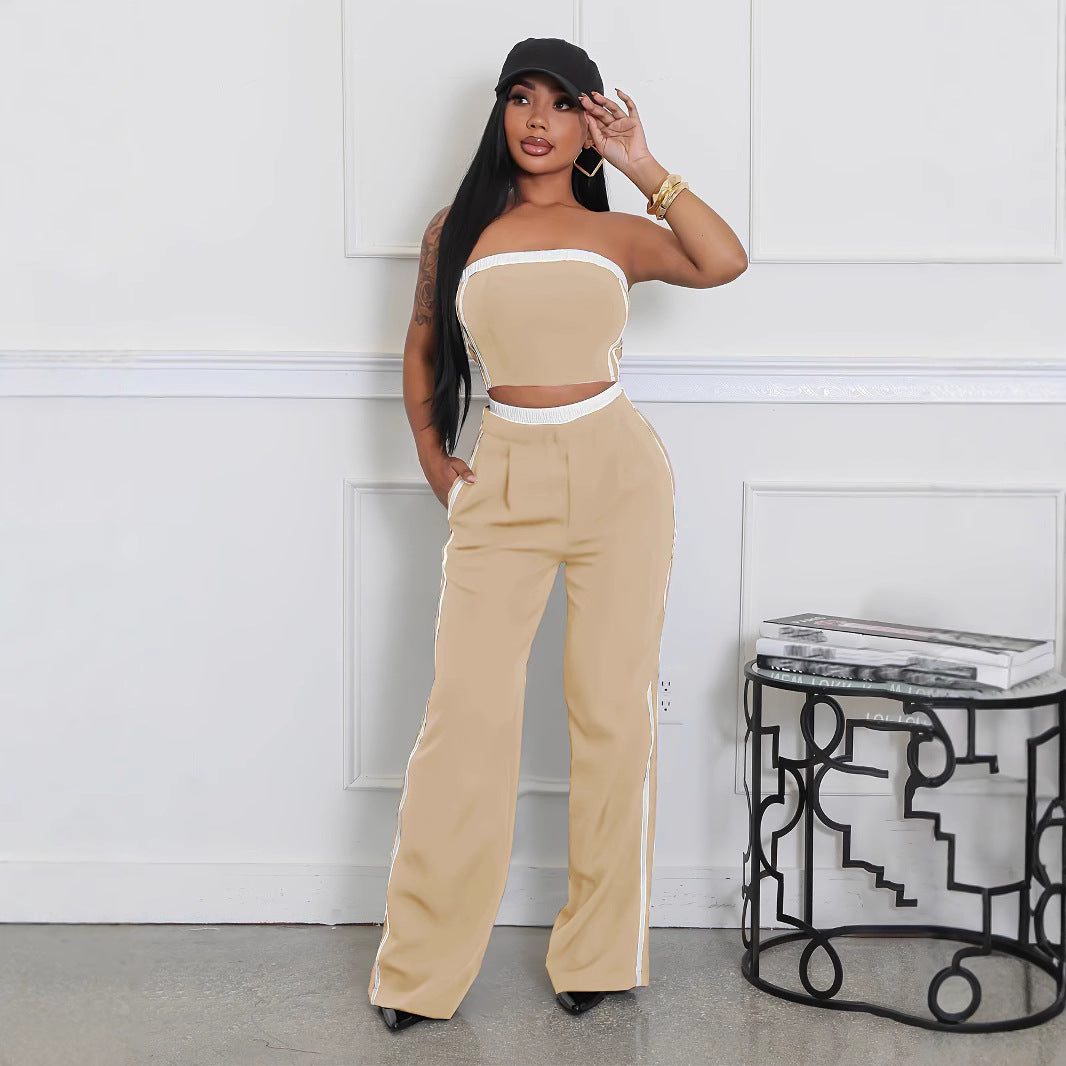Summer Fashion Strapless Top Wide Leg Loose Pants Set 8