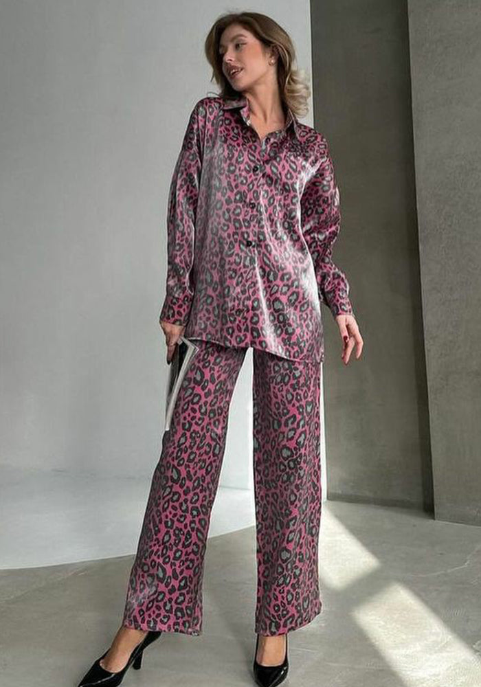 Spring Fashion Casual Women's Leopard Print Long Sleeve Shirt Pants Two Piece Set