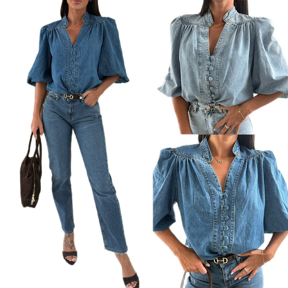 Women Spring/Autumn Casual Lantern Sleeve V-Neck Denim Shirt 9