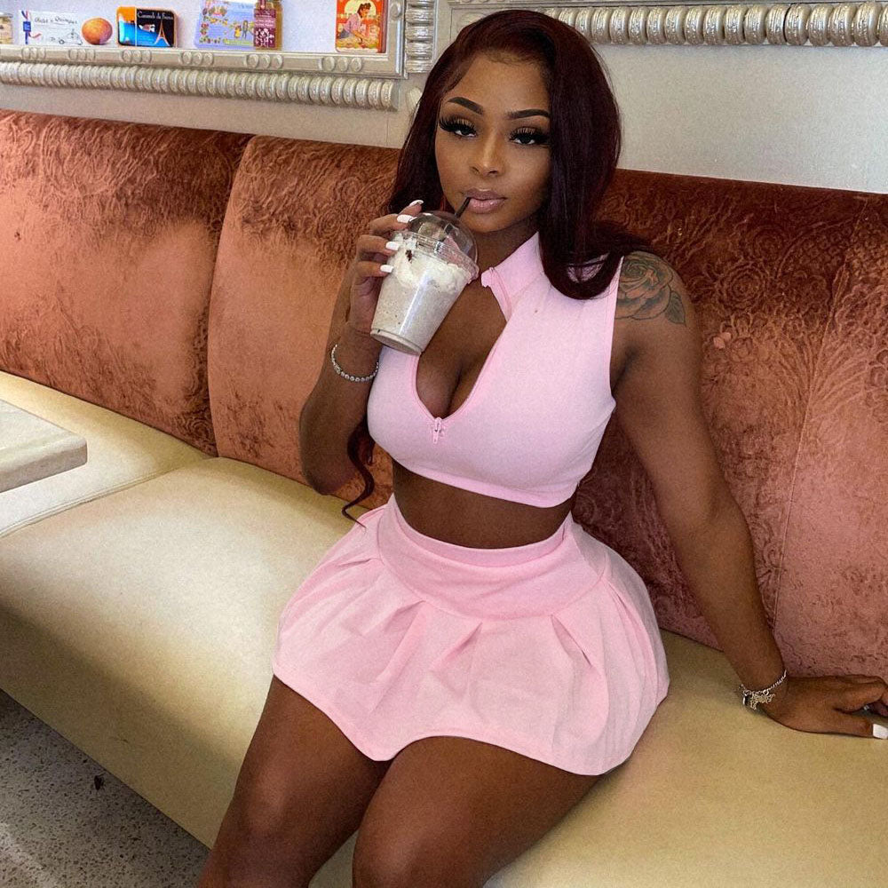 Solid Vest Pleated Skirt Sexy Casual Set 9