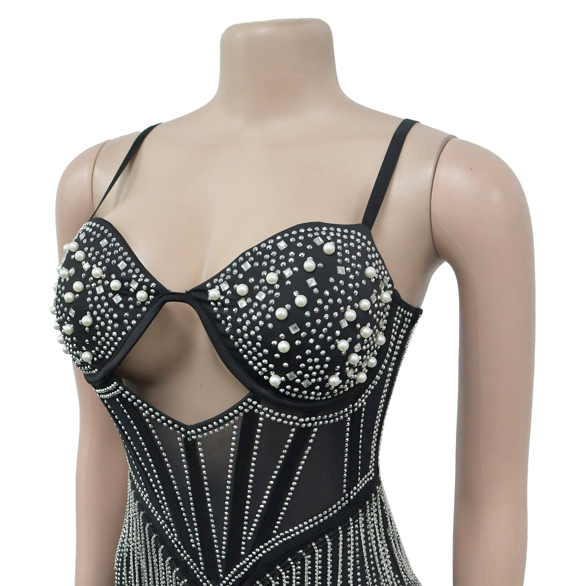 Fashionable Women's Solid Color Mesh Beaded Suspender Skirt Dress 19