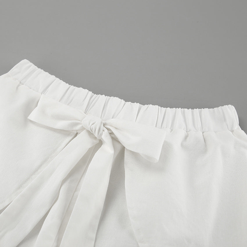 Women Spring and Summer Casual white sleeveless round neck vest lace-up shorts Two Piece Set 20