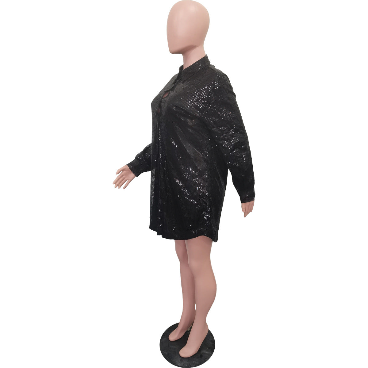 Women Solid Sequin Loose Shirt Dress 26