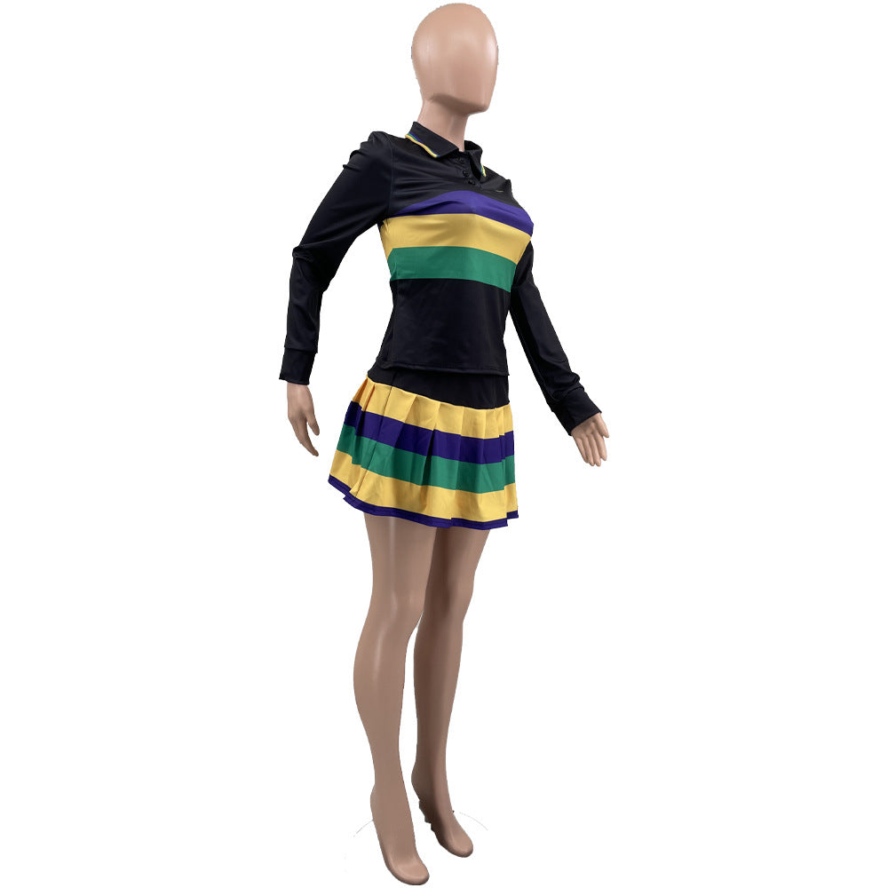 Women Casual Sports Stripe Print Top and Pleated Skirt Two-Piece Set 7