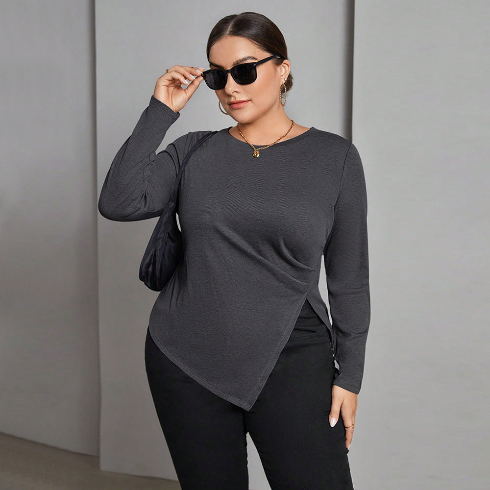 Plus Size Women's Autumn And Winter Long Sleeve T-Shirt Irregular Slit Versatile Basic Slim Top 7